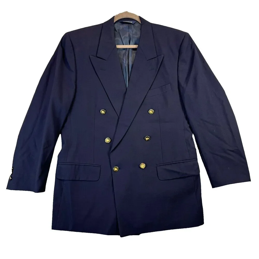 Vtg Burberrys Double Breasted Navy Blazer Jacket Mens 44 Gold Crest Buttons Suit